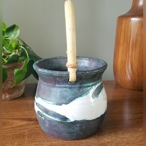 Raku Pottery Vessel w/ Bamboo Handle Basket Artist Signed